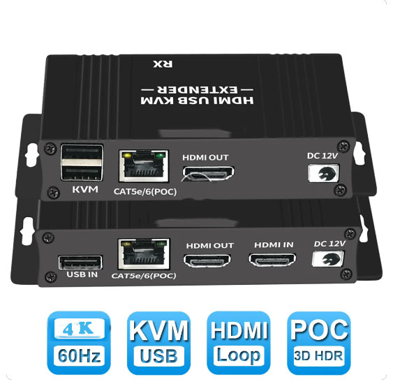 HF-KE4K60POC: HDMI KVM Ethernet Cable Extender 60 meter support POC 4Kx60hz HDR